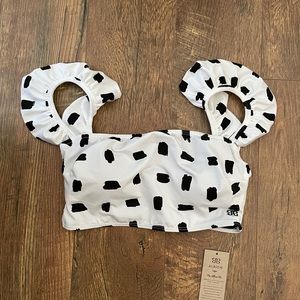 Albion Fit White Black Ruffle Shoulder Swim Top